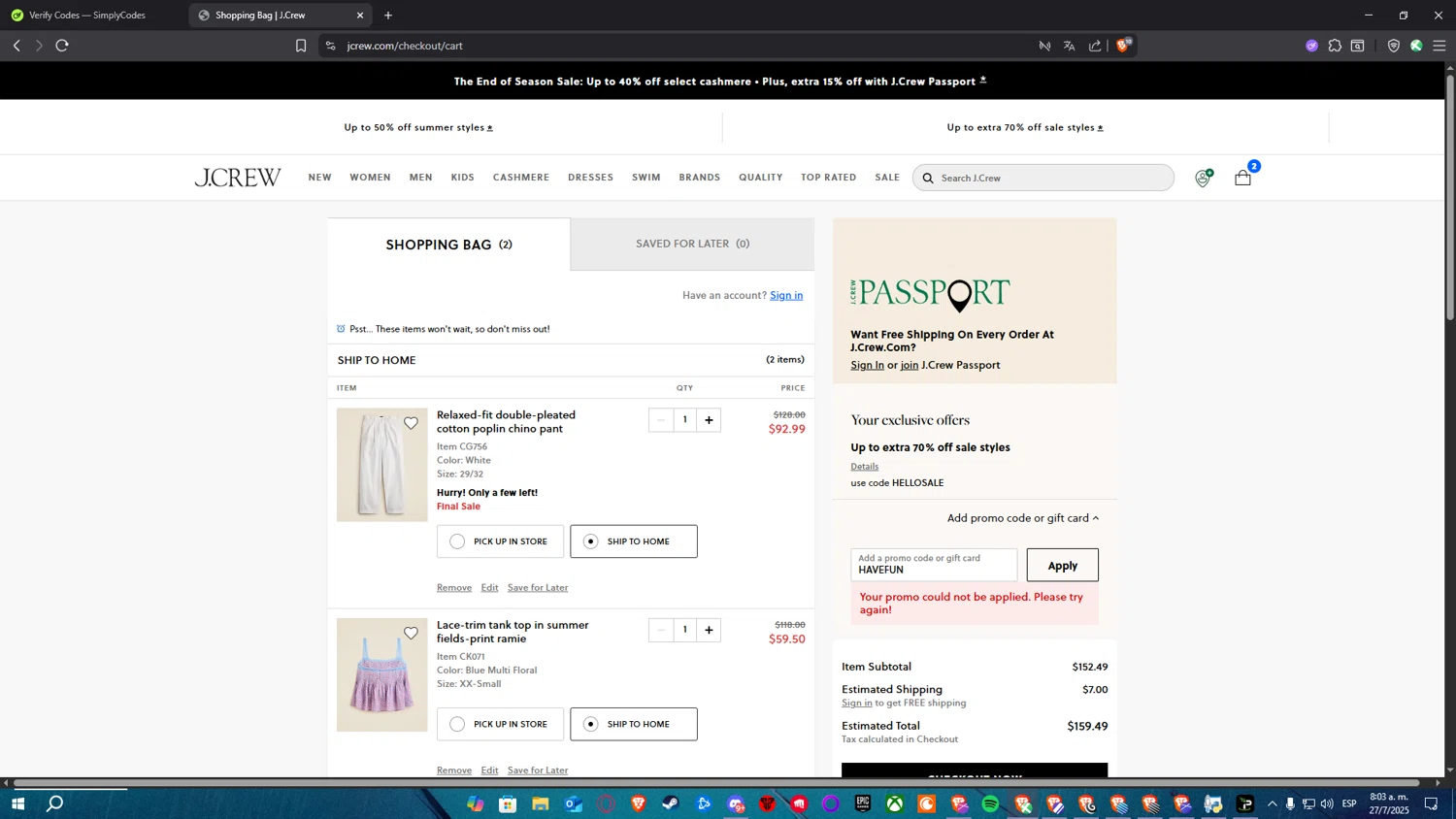 J. Crew promo code screenshot showing code HAVEFUN applied at J. Crew checkout page. Uploaded by SimplyCodes community member Soulcound on Jul 27, 2025