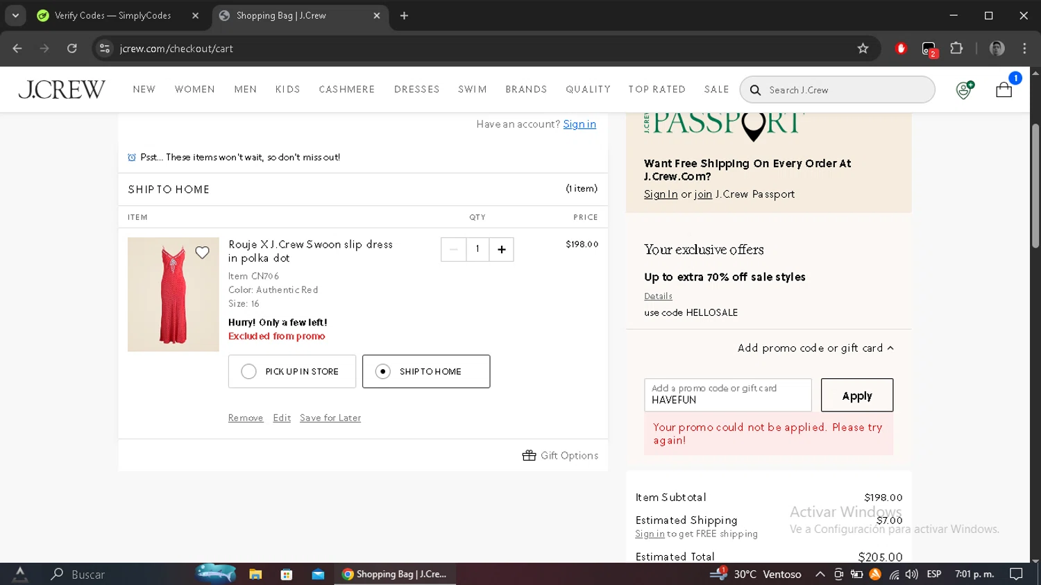 J. Crew promo code screenshot showing code HAVEFUN applied at J. Crew checkout page. Uploaded by SimplyCodes community member morel09 on Jul 27, 2025