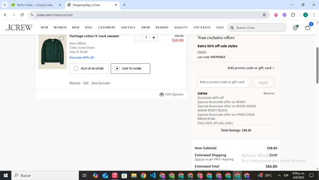 J. Crew checkout page showing J. Crew promo code box | Screenshot taken by SimplyCodes community member on Aug 5, 2025
