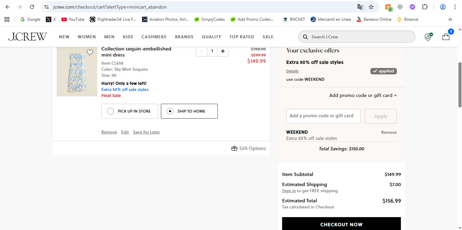 J. Crew promo code screenshot showing code WEEKEND applied at J. Crew checkout page. Uploaded by SimplyCodes community member victor on Aug 24, 2025