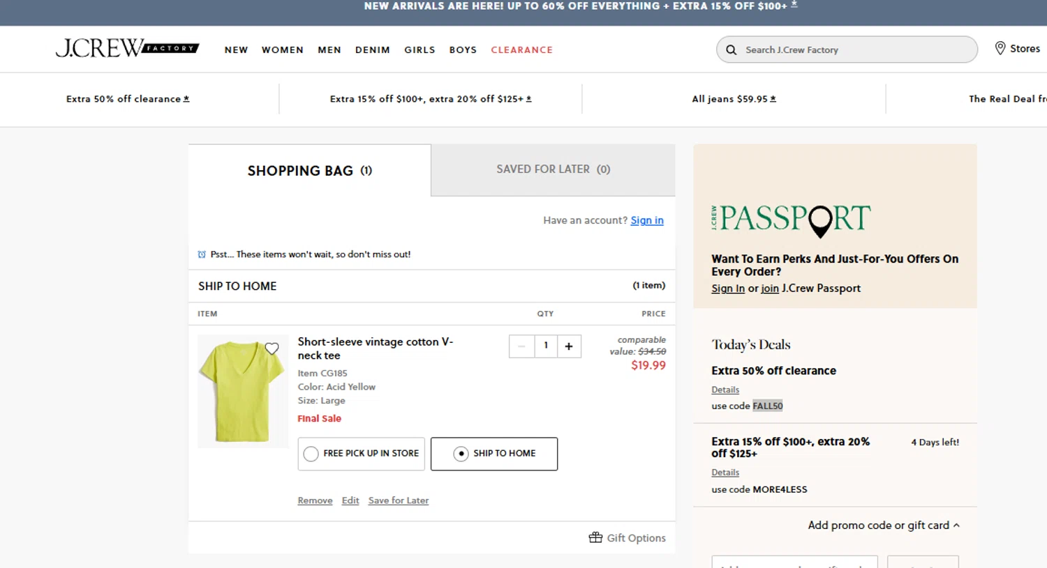 J. Crew Factory promo code screenshot showing code FALL50 applied at J. Crew Factory checkout page. Uploaded by SimplyCodes community member ______ on Aug 20, 2025