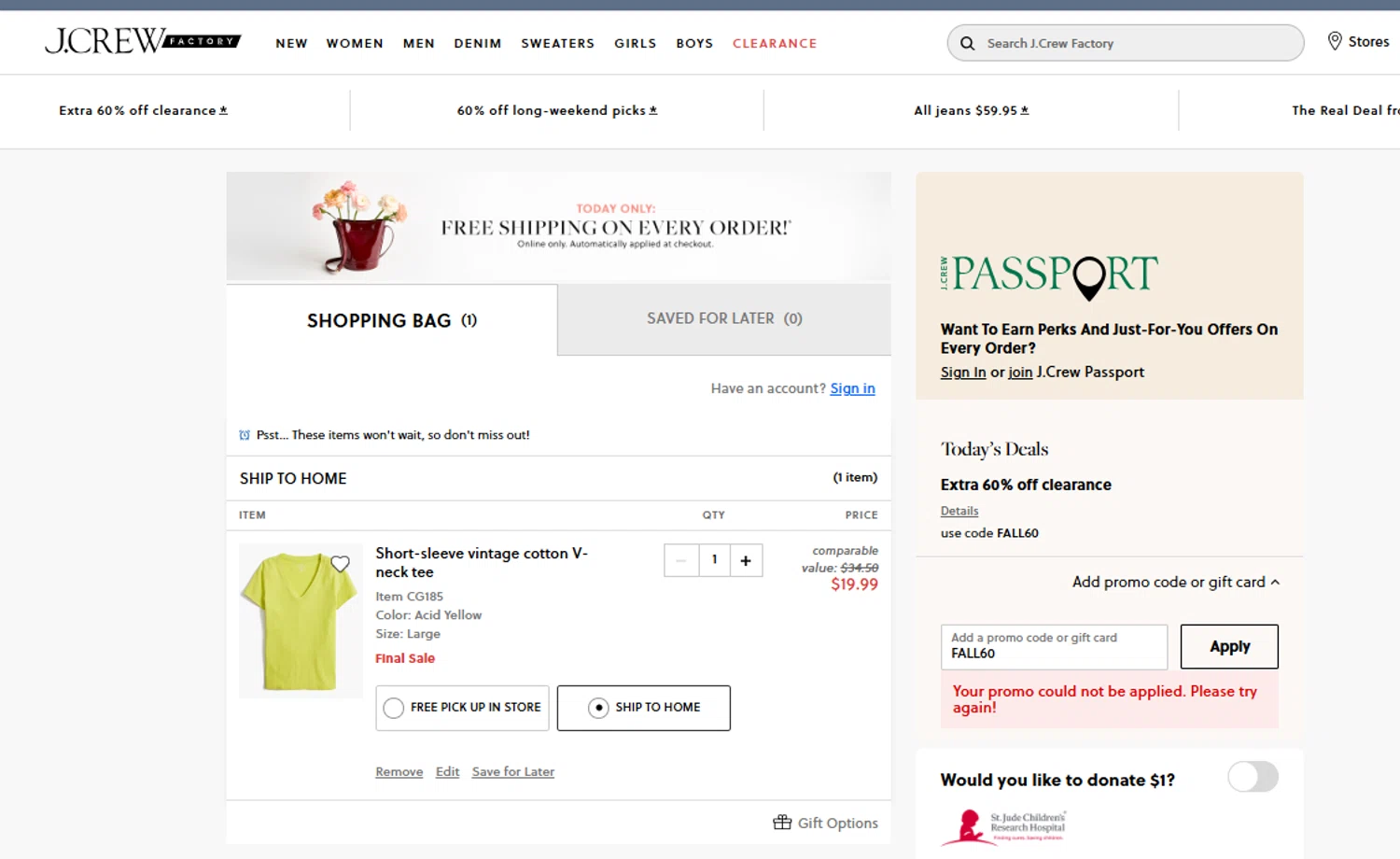 J. Crew Factory promo code screenshot showing code FALL60 applied at J. Crew Factory checkout page. Uploaded by SimplyCodes community member ______ on Aug 27, 2025