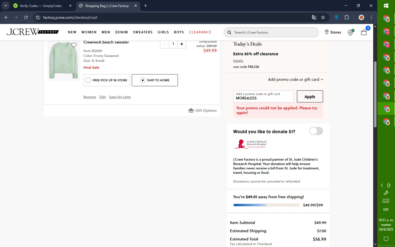 J. Crew Factory promo code screenshot showing code MORE4LESS applied at J. Crew Factory checkout page. Uploaded by SimplyCodes community member GoldPilot5958 on Aug 26, 2025