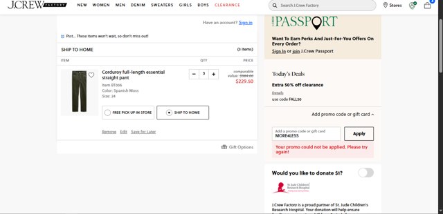J. Crew Factory checkout page showing J. Crew Factory promo code box | Screenshot taken by SimplyCodes community member on Aug 26, 2025