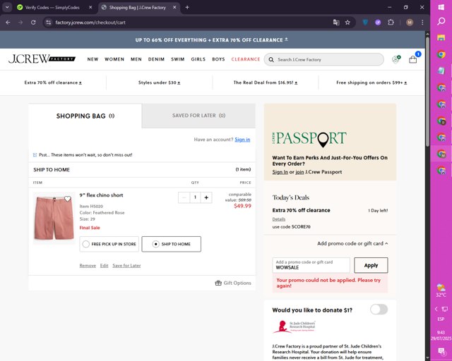 J. Crew Factory checkout page showing J. Crew Factory promo code box | Screenshot taken by SimplyCodes community member on Jul 29, 2025