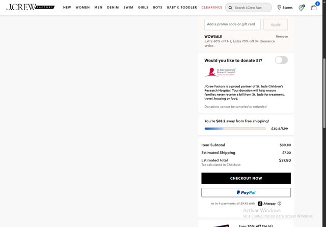 J. Crew Factory checkout page showing J. Crew Factory promo code box | Screenshot taken by SimplyCodes community member on Jul 19, 2025