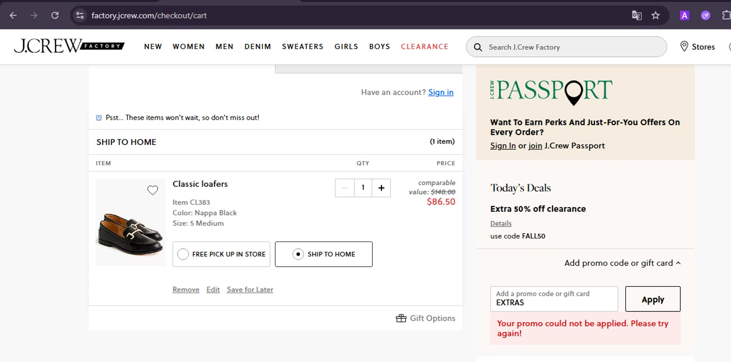 J. Crew Factory promo code screenshot showing code EXTRAS applied at J. Crew Factory checkout page. Uploaded by SimplyCodes community member PrimeSentinel5869 on Aug 25, 2025