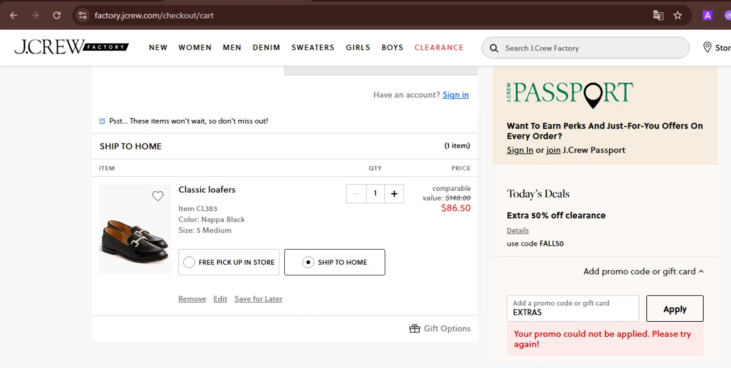 J. Crew Factory promo code screenshot showing code EXTRAS applied at J. Crew Factory checkout page. Uploaded by SimplyCodes community member TreasureScout5082 on Aug 25, 2025