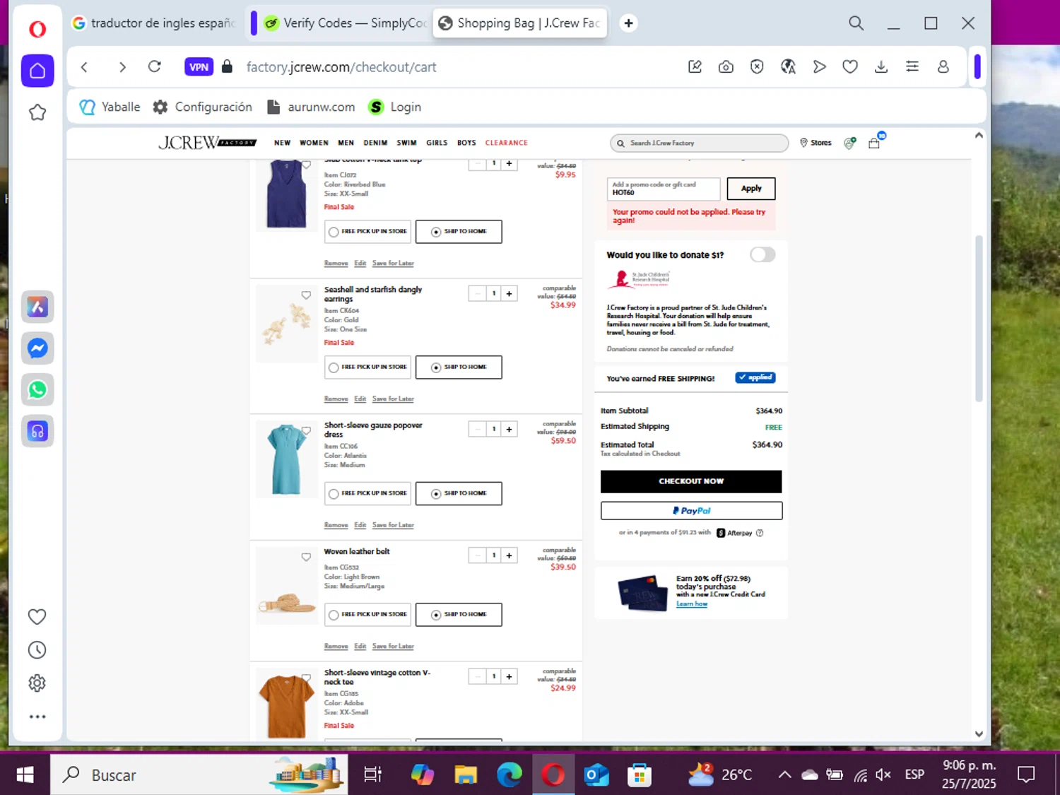 J. Crew Factory promo code screenshot showing code HOT60 applied at J. Crew Factory checkout page. Uploaded by SimplyCodes community member Denievelyspereira on Jul 26, 2025