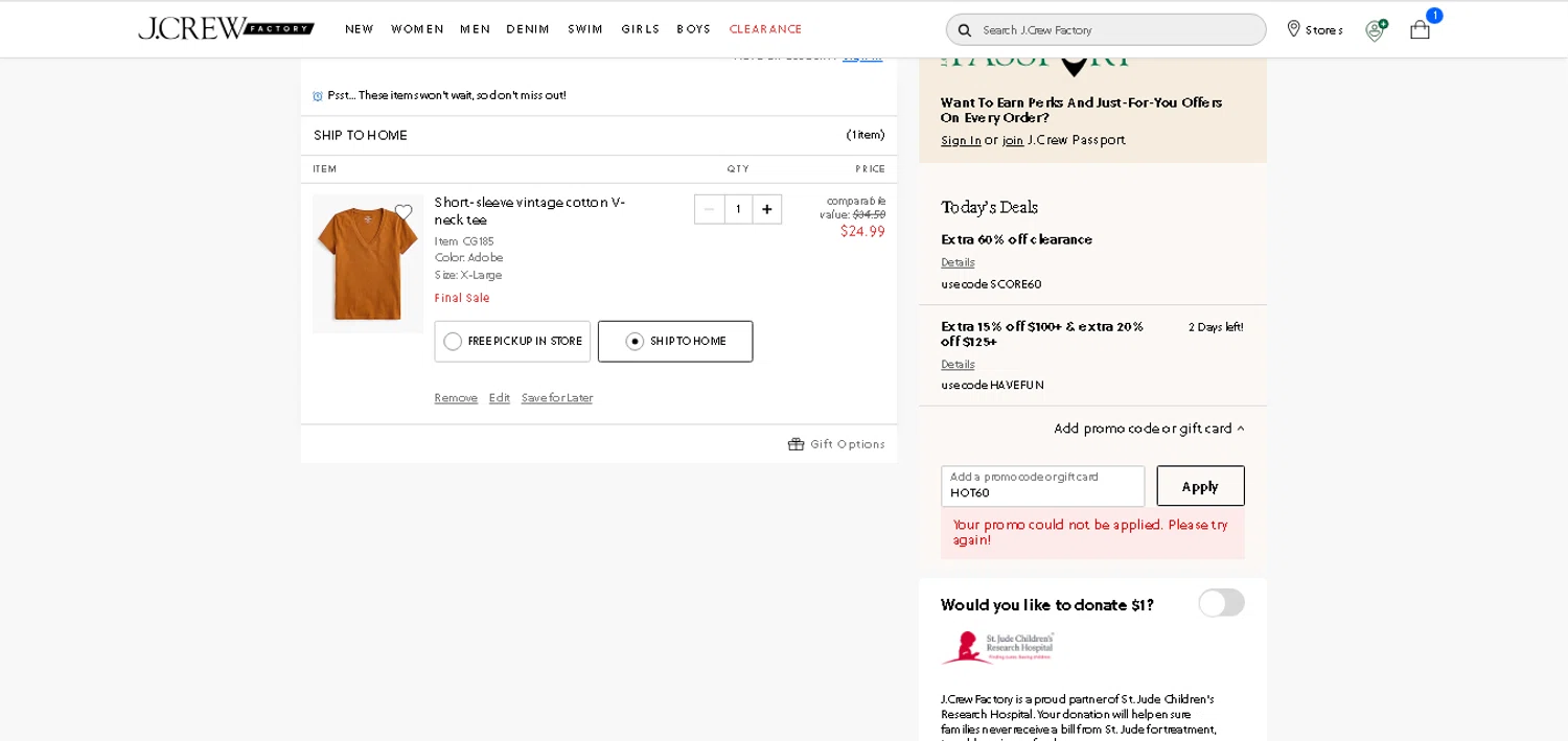 J. Crew Factory promo code screenshot showing code HOT60 applied at J. Crew Factory checkout page. Uploaded by SimplyCodes community member MoneyHunter5624 on Jul 26, 2025