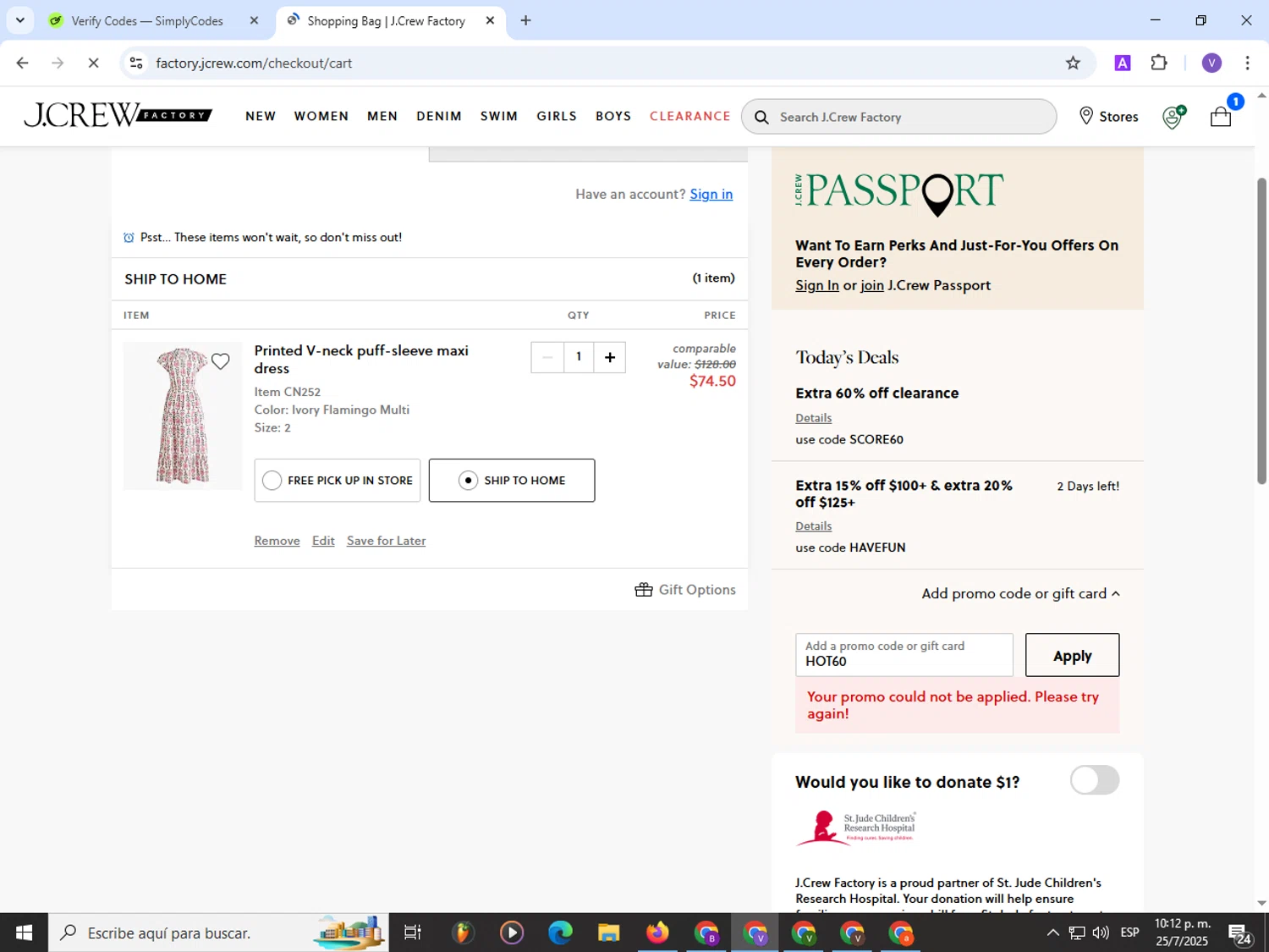 J. Crew Factory promo code screenshot showing code HOT60 applied at J. Crew Factory checkout page. Uploaded by SimplyCodes community member Satoru_gojo on Jul 26, 2025