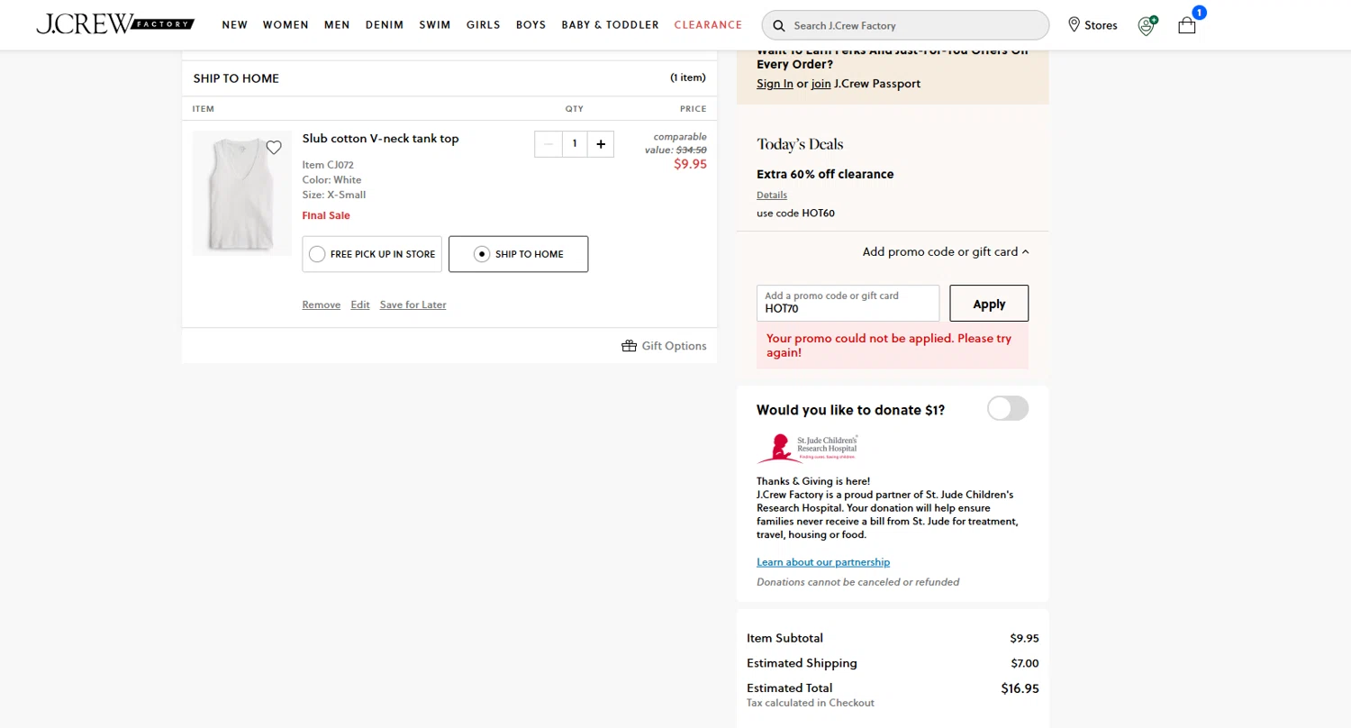J. Crew Factory promo code screenshot showing code HOT70 applied at J. Crew Factory checkout page. Uploaded by SimplyCodes community member Frionel_Pessi on Jul 14, 2025