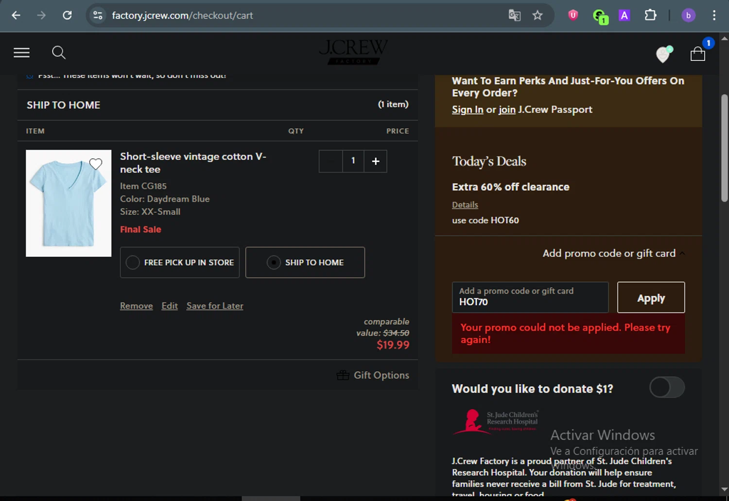 J. Crew Factory promo code screenshot showing code HOT70 applied at J. Crew Factory checkout page. Uploaded by SimplyCodes community member ThriftyFalcon6527 on Jul 14, 2025