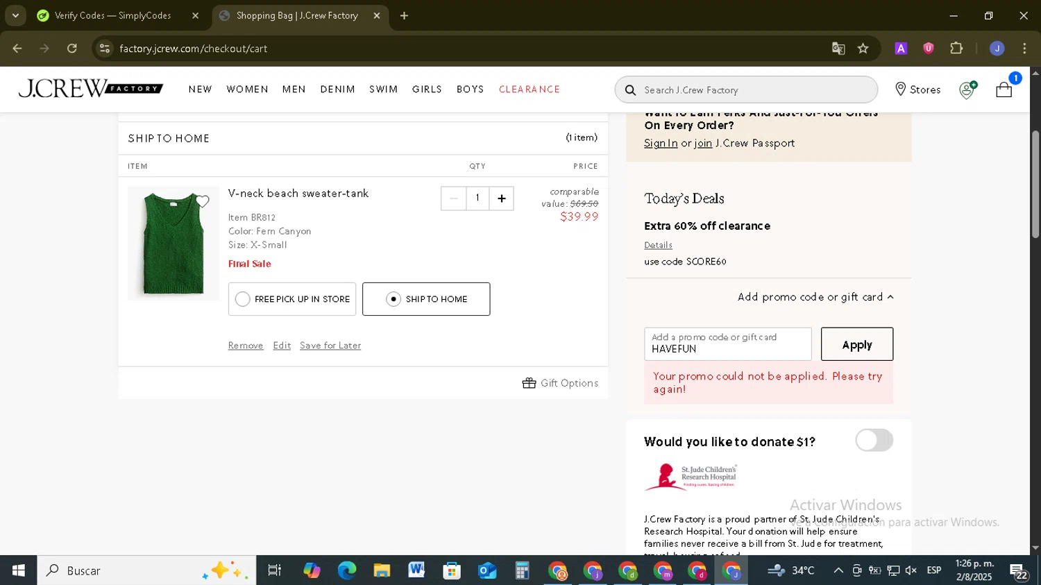 J. Crew Factory promo code screenshot showing code HAVEFUN applied at J. Crew Factory checkout page. Uploaded by SimplyCodes community member EpicSage3474 on Aug 2, 2025