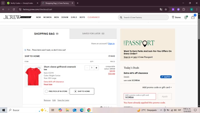 J. Crew Factory checkout page showing J. Crew Factory promo code box | Screenshot taken by SimplyCodes community member on Aug 13, 2025