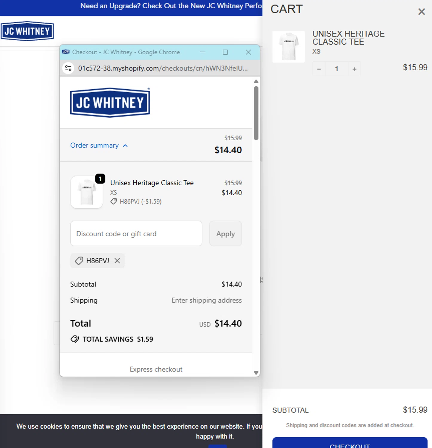 JC Whitney promo code screenshot showing code H86PVJ applied at JC Whitney checkout page. Uploaded by SimplyCodes community member darlisiglesias on Sep 25, 2025