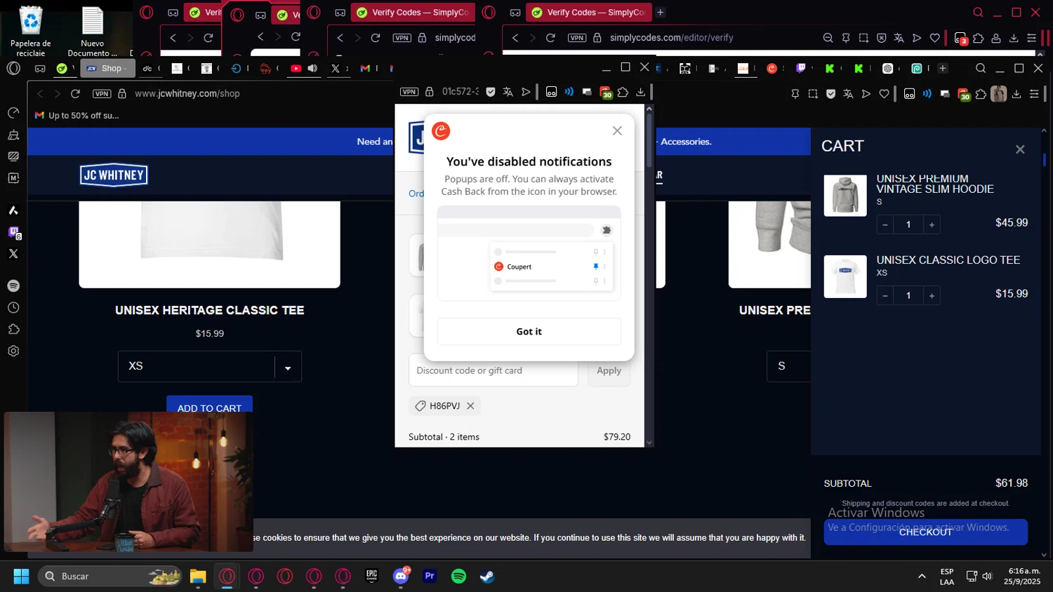 JC Whitney promo code screenshot showing code H86PVJ applied at JC Whitney checkout page. Uploaded by SimplyCodes community member kurcovein on Sep 25, 2025