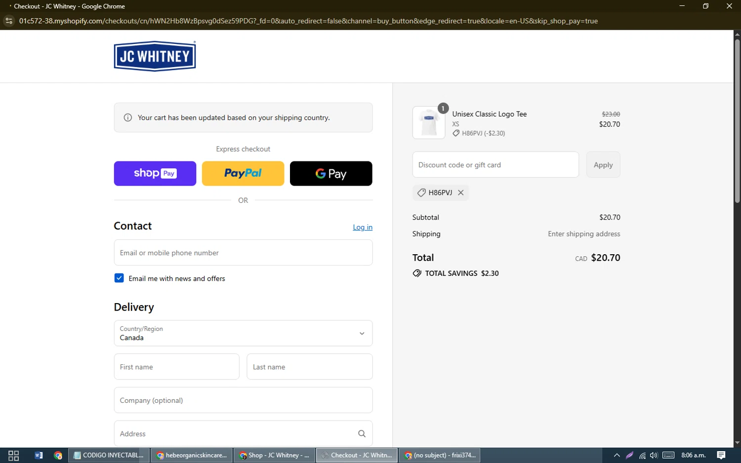 JC Whitney promo code screenshot showing code H86PVJ applied at JC Whitney checkout page. Uploaded by SimplyCodes community member oooooi on Aug 27, 2025