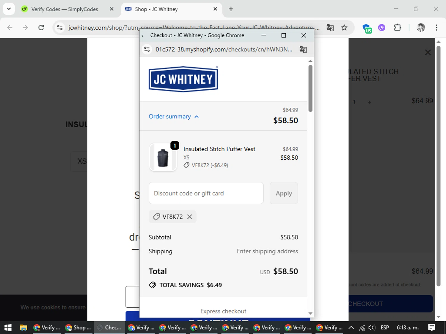 JC Whitney promo code screenshot showing code VF8K72 applied at JC Whitney checkout page. Uploaded by SimplyCodes community member CleverLegend6607 on Sep 25, 2025