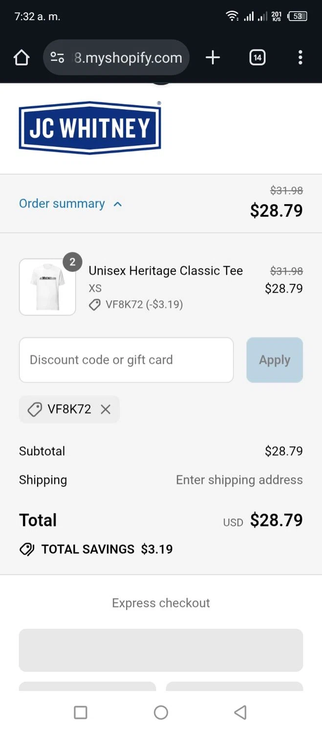 JC Whitney promo code screenshot showing code VF8K72 applied at JC Whitney checkout page. Uploaded by SimplyCodes community member Miggy2024 on Jul 29, 2025