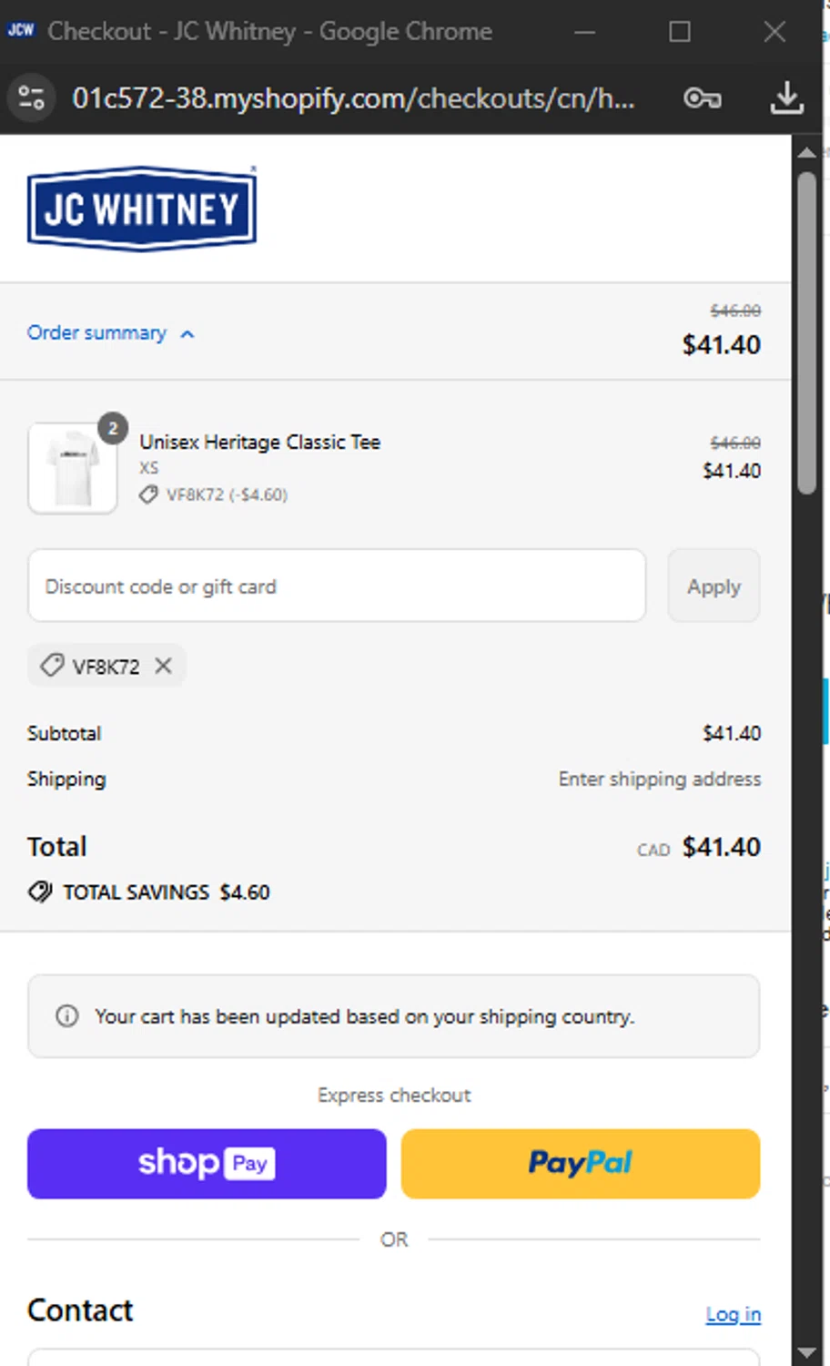 JC Whitney promo code screenshot showing code VF8K72 applied at JC Whitney checkout page. Uploaded by SimplyCodes community member Sanchezcarol on Aug 27, 2025