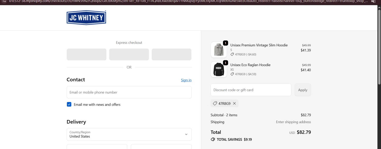 JC Whitney promo code screenshot showing code 47R8G9 applied at JC Whitney checkout page. Uploaded by SimplyCodes community member Negritoo on Nov 25, 2025