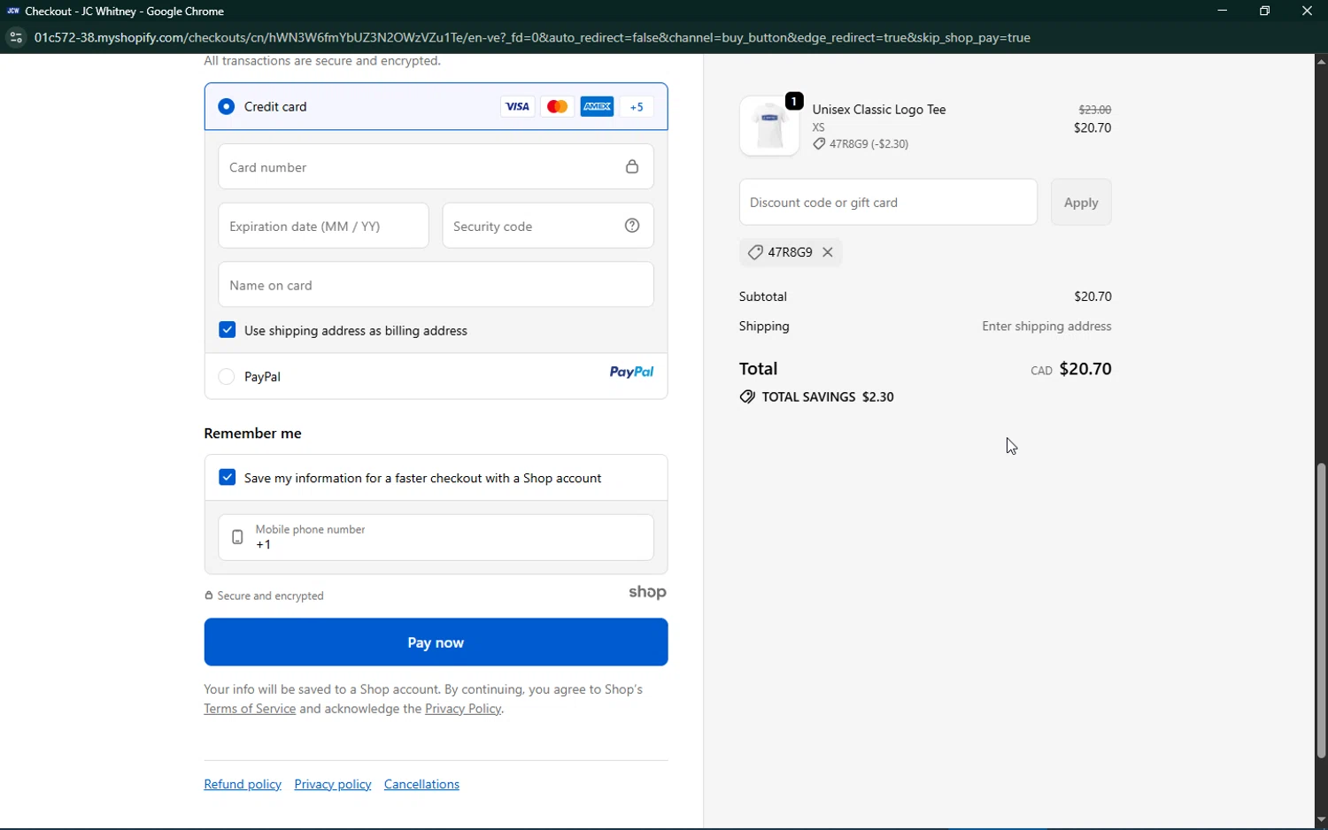 JC Whitney promo code screenshot showing code 47R8G9 applied at JC Whitney checkout page. Uploaded by SimplyCodes community member number_1 on Sep 29, 2025