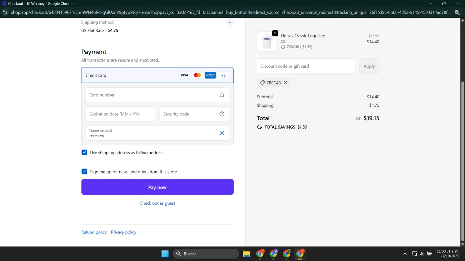 JC Whitney promo code screenshot showing code 7B8C48 applied at JC Whitney checkout page. Uploaded by SimplyCodes community member LuckyShopper9694 on Oct 27, 2025