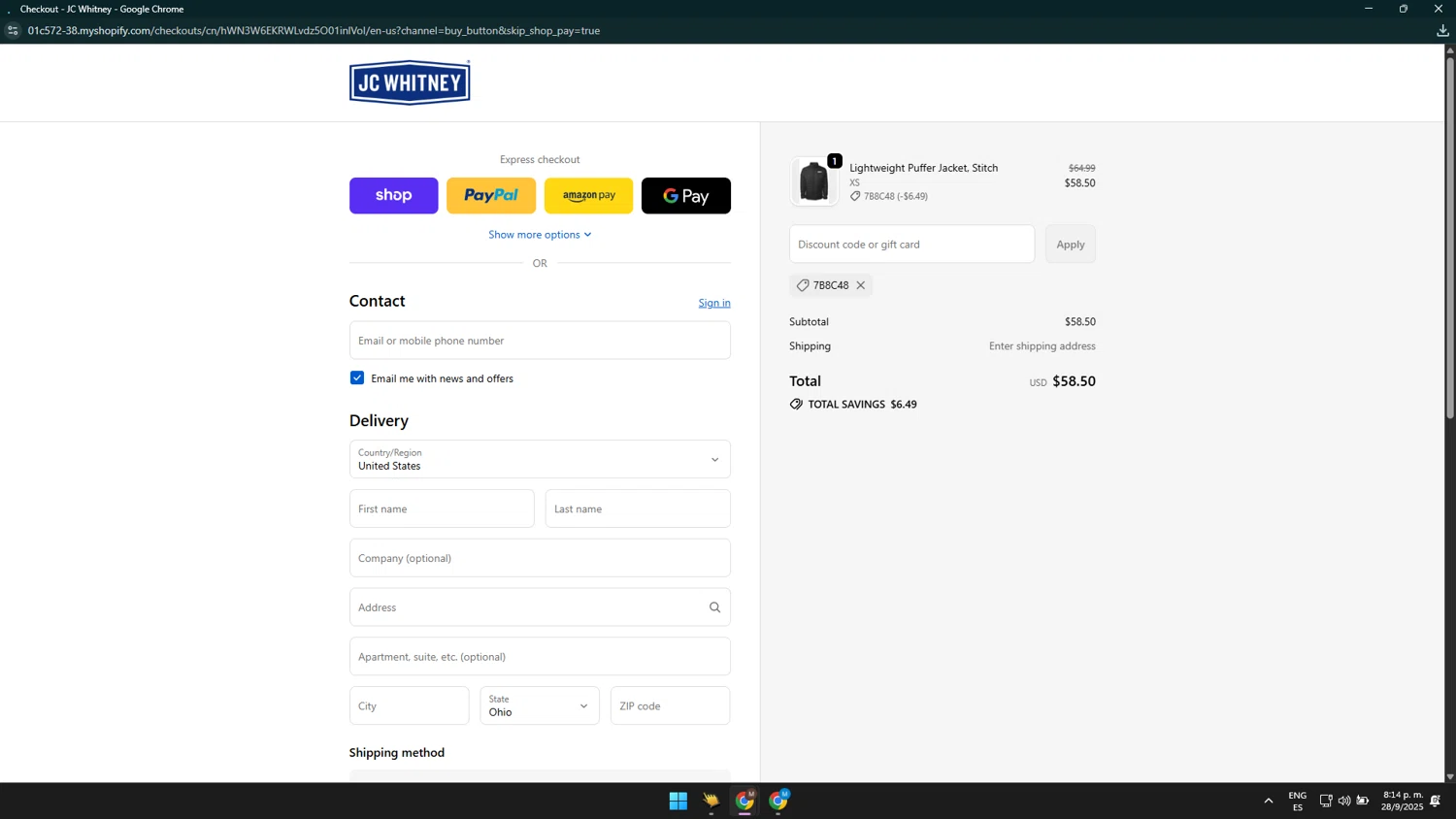 JC Whitney checkout page showing JC Whitney promo code box | Screenshot taken by SimplyCodes community member on Sep 29, 2025