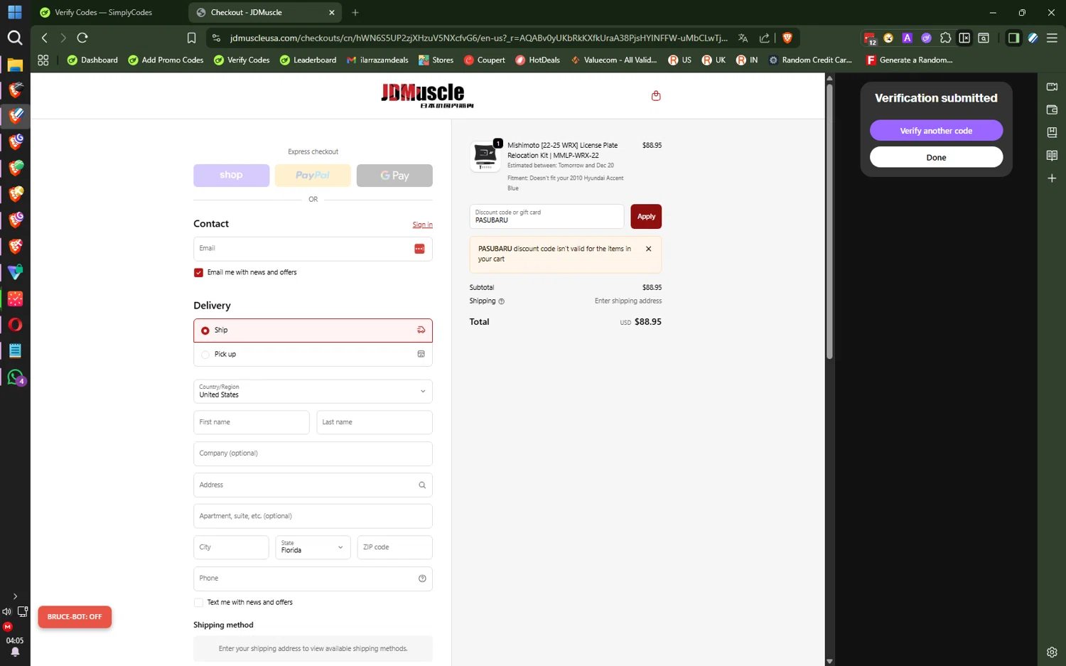 JDMuscle discount code screenshot showing code PASUBARU applied at JDMuscle checkout page. Uploaded by SimplyCodes community member SwiftLogic2048 on Dec 15, 2025