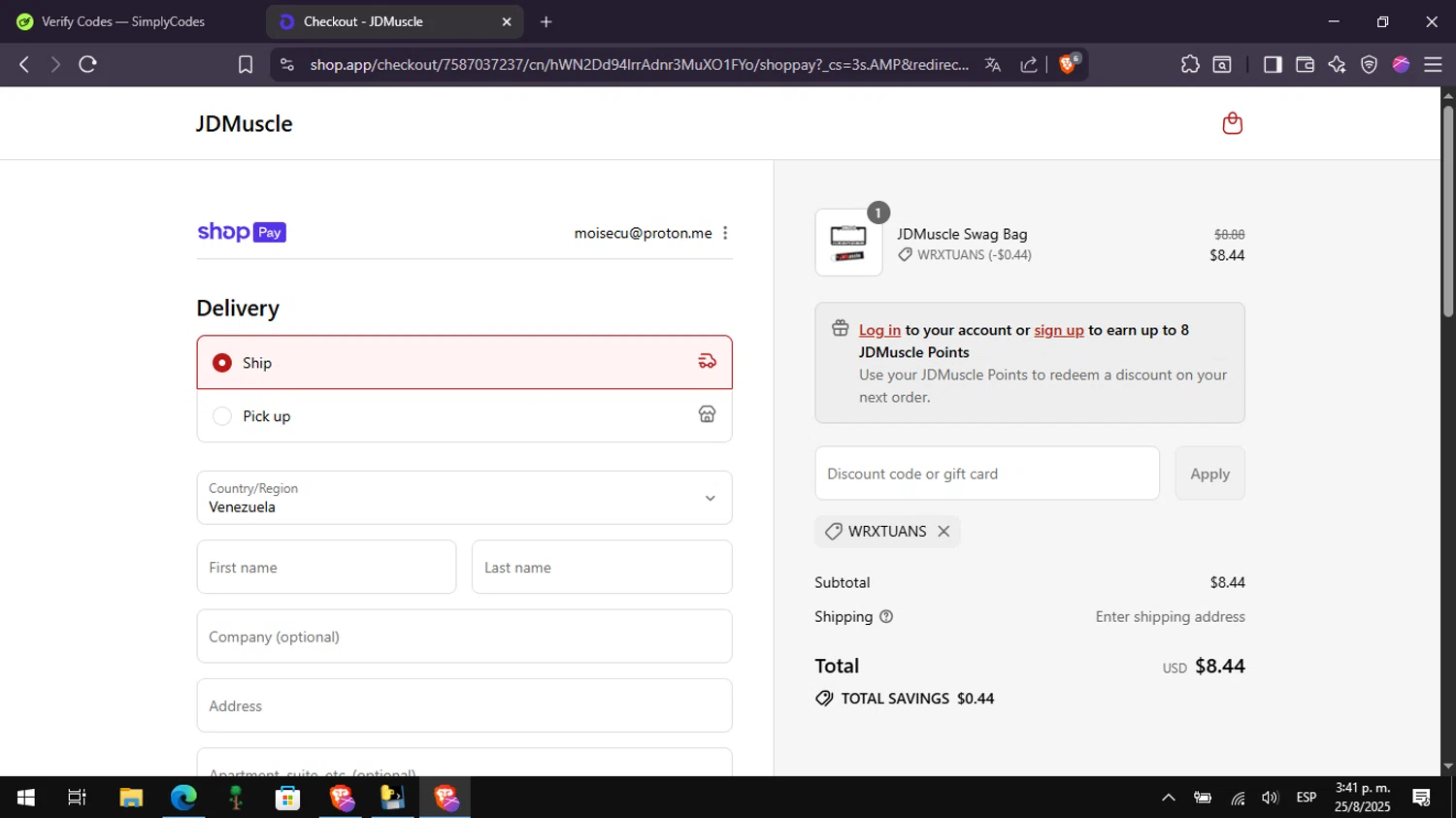 JDMuscle discount code screenshot showing code wrxtuans applied at JDMuscle checkout page. Uploaded by SimplyCodes community member Mangoverde on Aug 25, 2025