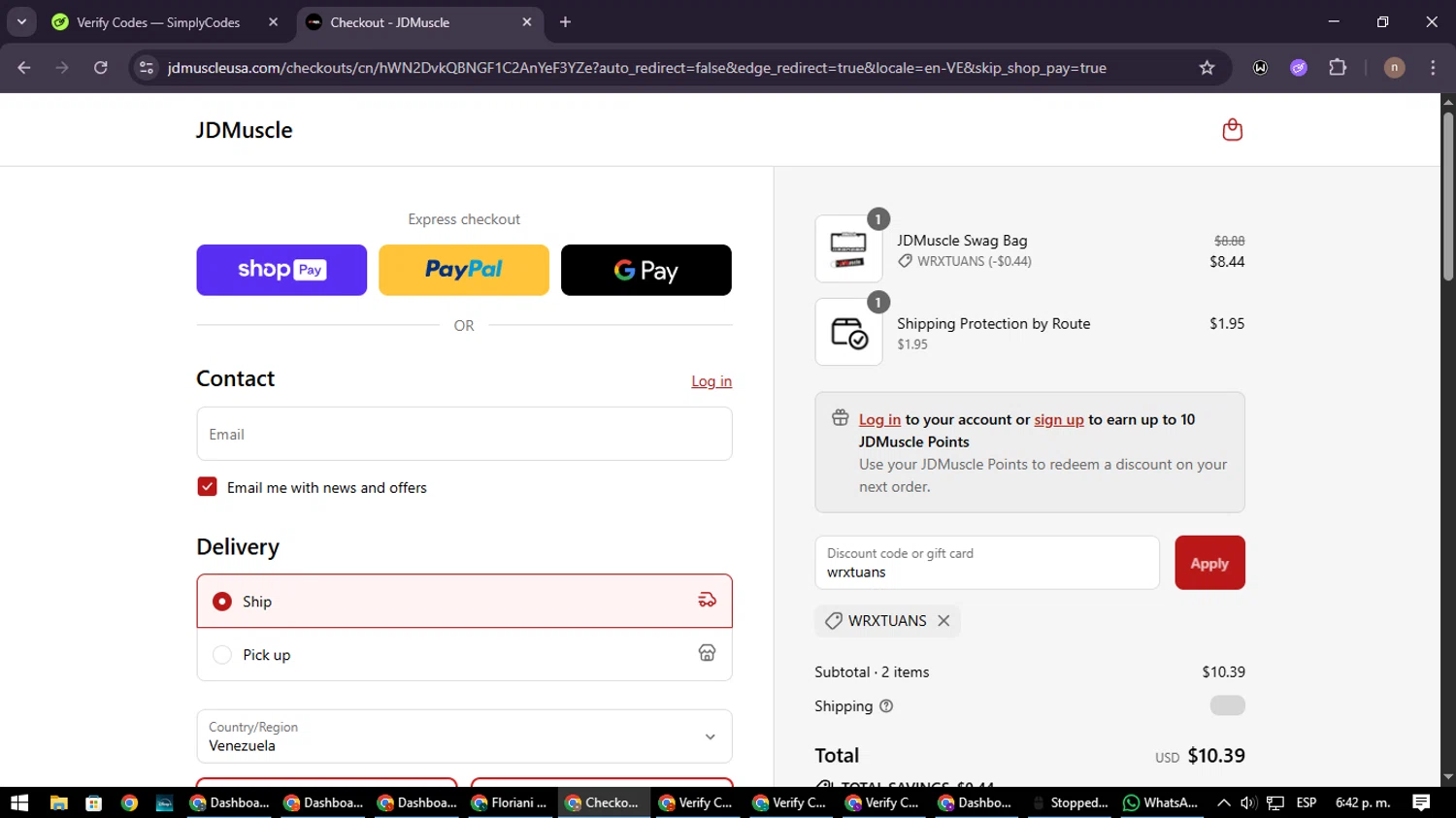 JDMuscle discount code screenshot showing code wrxtuans applied at JDMuscle checkout page. Uploaded by SimplyCodes community member SmartWarden8713 on Aug 25, 2025