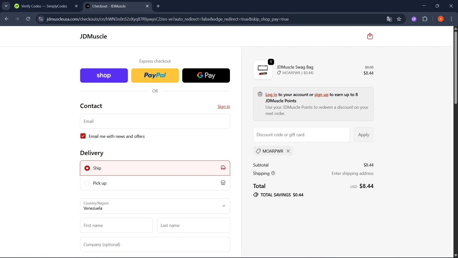 JDMuscle discount code screenshot showing code MOARPWR applied at JDMuscle checkout page. Uploaded by SimplyCodes community member GoldChaser2970 on Oct 6, 2025