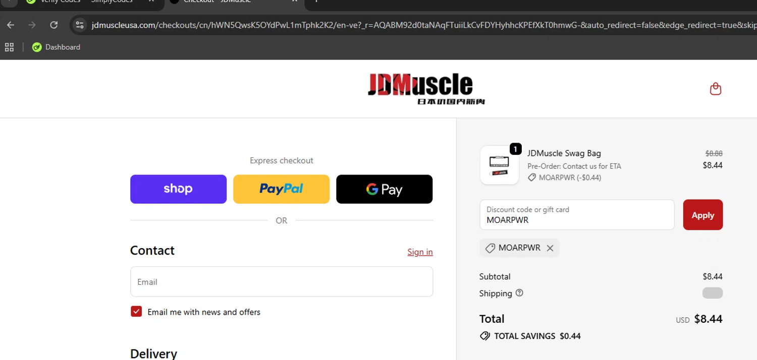 JDMuscle discount code screenshot showing code MOARPWR applied at JDMuscle checkout page. Uploaded by SimplyCodes community member Kony24 on Nov 18, 2025