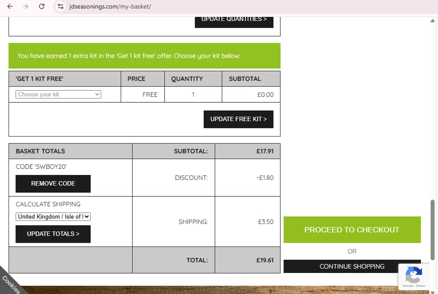 Jd Seasonings promo code screenshot showing code SWBOY20 applied at Jd Seasonings checkout page. Uploaded by SimplyCodes community member PromoExpert5262 on Feb 19, 2026