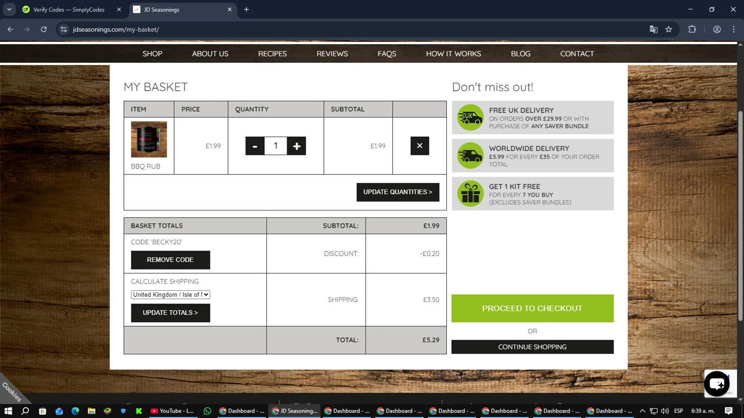 Jd Seasonings promo code screenshot showing code BECKY20 applied at Jd Seasonings checkout page. Uploaded by SimplyCodes community member RebateCaptain6440 on Dec 22, 2025