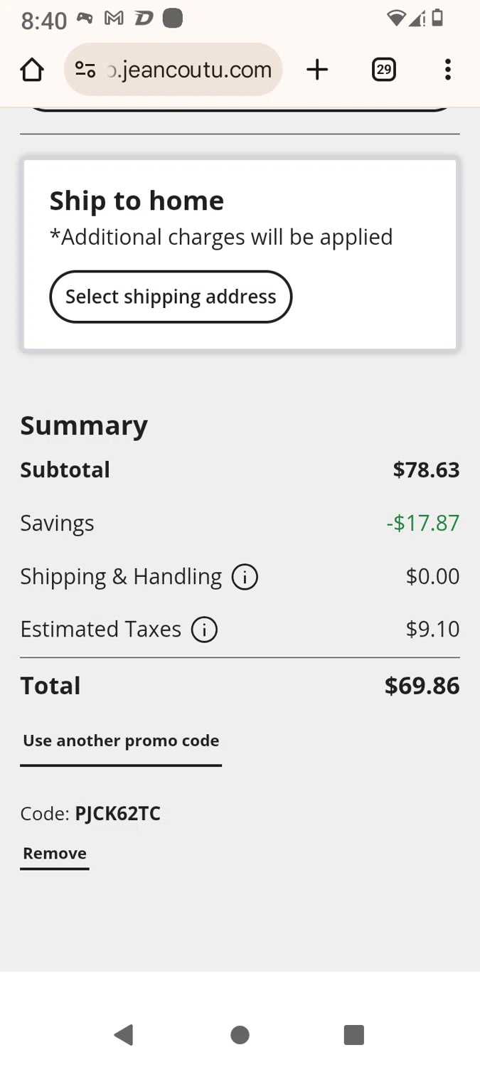 Jean Coutu promo code screenshot showing code PJCK62TC applied at Jean Coutu checkout page. Uploaded by SimplyCodes community member Elitxanthony on May 22, 2025