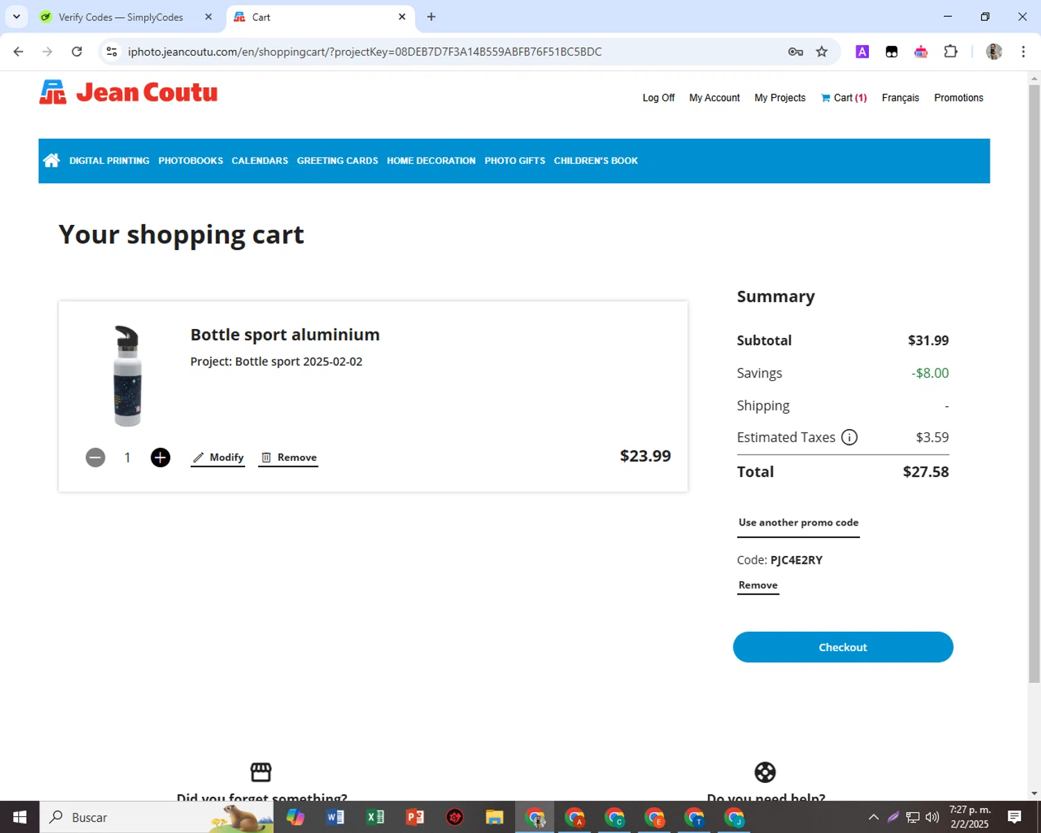 Jean Coutu promo code screenshot showing code PJC4E2RY applied at Jean Coutu checkout page. Uploaded by SimplyCodes community member SwiftScout6682 on Feb 2, 2025