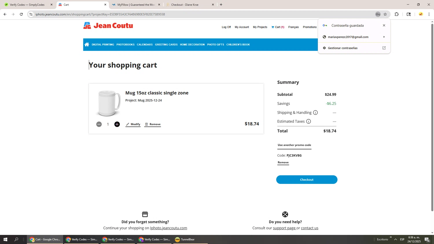 Jean Coutu promo code screenshot showing code PJC3KV8G applied at Jean Coutu checkout page. Uploaded by SimplyCodes community member Richard251 on Dec 24, 2025