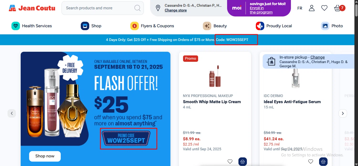 Jean Coutu promo code screenshot showing code WOW25SEPT applied at Jean Coutu checkout page. Uploaded by SimplyCodes community member anosesmith on Sep 18, 2025