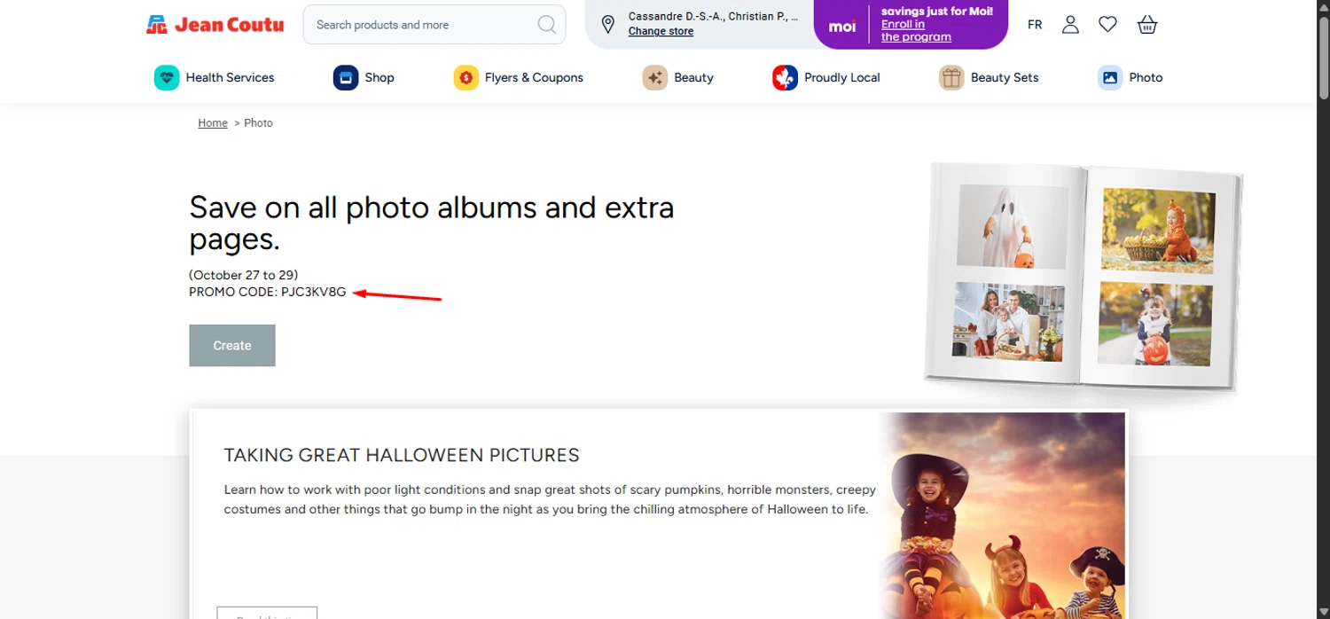 Jean Coutu promo code screenshot showing code PJC3KV8G applied at Jean Coutu checkout page. Uploaded by SimplyCodes community member anosesmith on Oct 27, 2025
