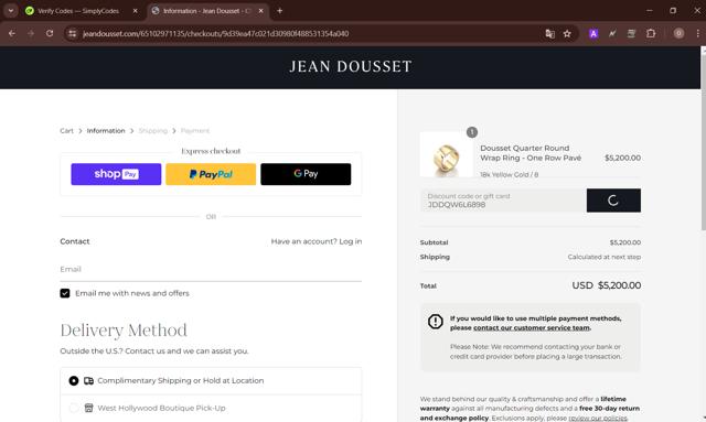 Jean Dousset checkout page showing Jean Dousset promo code box | Screenshot taken by SimplyCodes community member on Jun 20, 2024