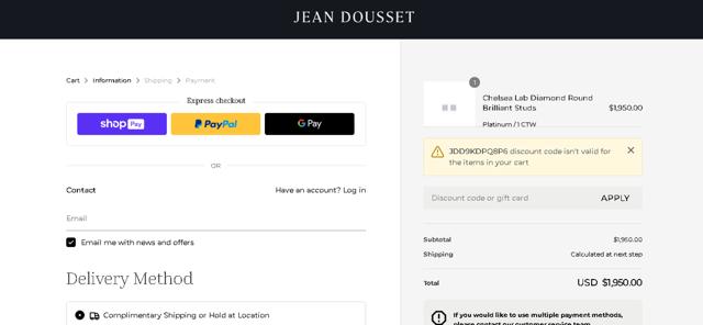 Jean Dousset checkout page showing Jean Dousset promo code box | Screenshot taken by SimplyCodes community member on Jun 22, 2024