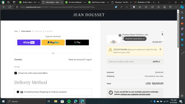Jean Dousset checkout page showing Jean Dousset promo code box | Screenshot taken by SimplyCodes community member on Jun 14, 2024