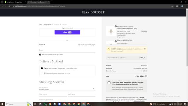 Jean Dousset checkout page showing Jean Dousset promo code box | Screenshot taken by SimplyCodes community member on Jul 5, 2024
