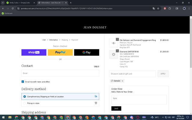 Jean Dousset checkout page showing Jean Dousset promo code box | Screenshot taken by SimplyCodes community member on Oct 26, 2024