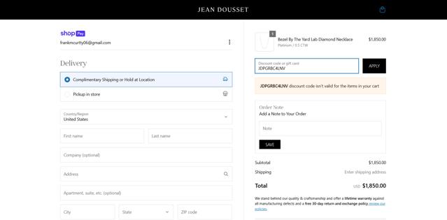 Jean Dousset checkout page showing Jean Dousset promo code box | Screenshot taken by SimplyCodes community member on Apr 16, 2025