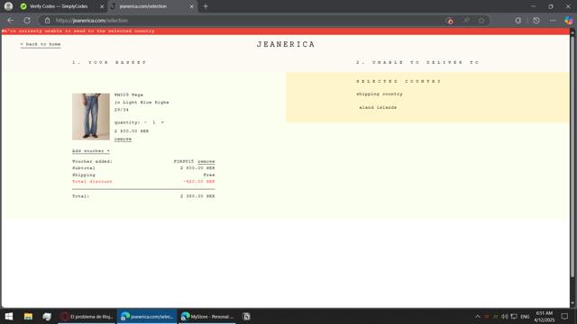 Jeanerica checkout page showing Jeanerica promo code box | Screenshot taken by SimplyCodes community member on Apr 12, 2025