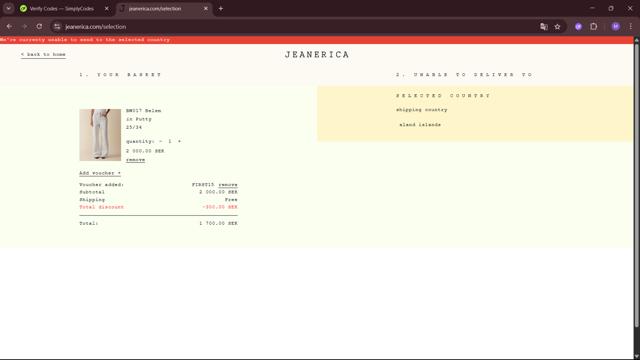 Jeanerica checkout page showing Jeanerica promo code box | Screenshot taken by SimplyCodes community member on May 11, 2025