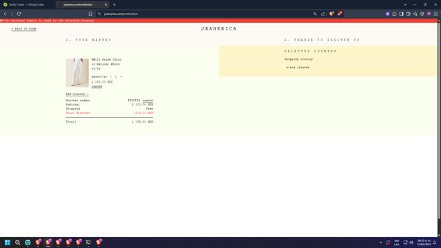 Jeanerica checkout page showing Jeanerica promo code box | Screenshot taken by SimplyCodes community member on May 11, 2025
